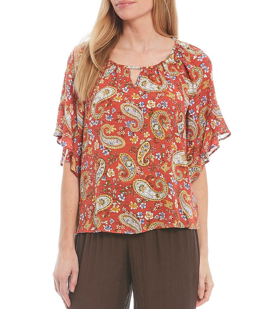 I.N. Studio Petite Size Paisley Print Keyhole Neck 3/4 Raglan Bell Sleeve Top