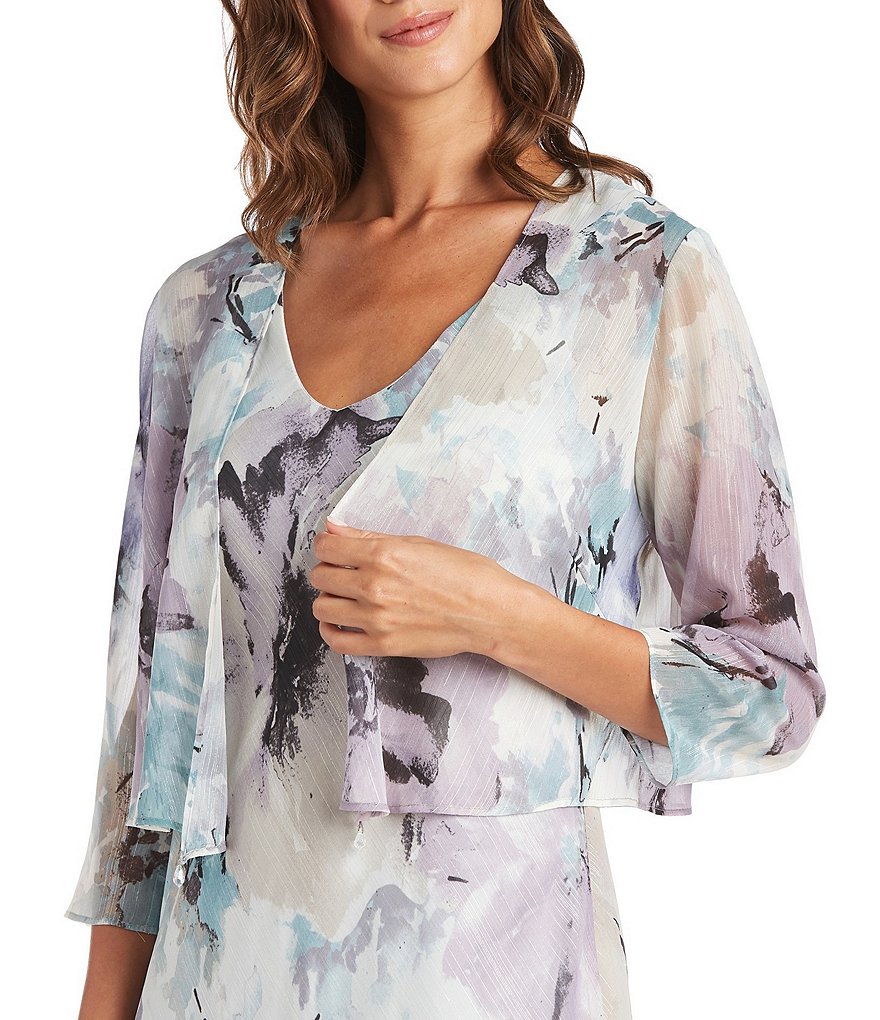 R & M Richards Petite Size Watercolor Printed Chiffon 2-Piece Jacket Dress