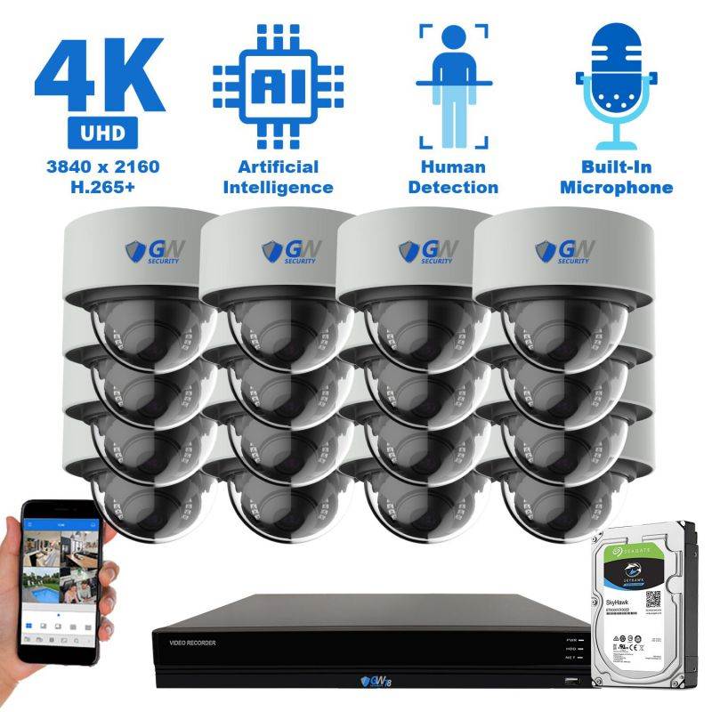 GW Security 8 Channel 4K 8MP (3840&times;2160) H.265+ IP PoE AI Smart NVR Security Camera System with 4 x Outdoor/Indoor 4K Microphone Dome Security Cameras, Human Detection, Starlight Color Night Vision