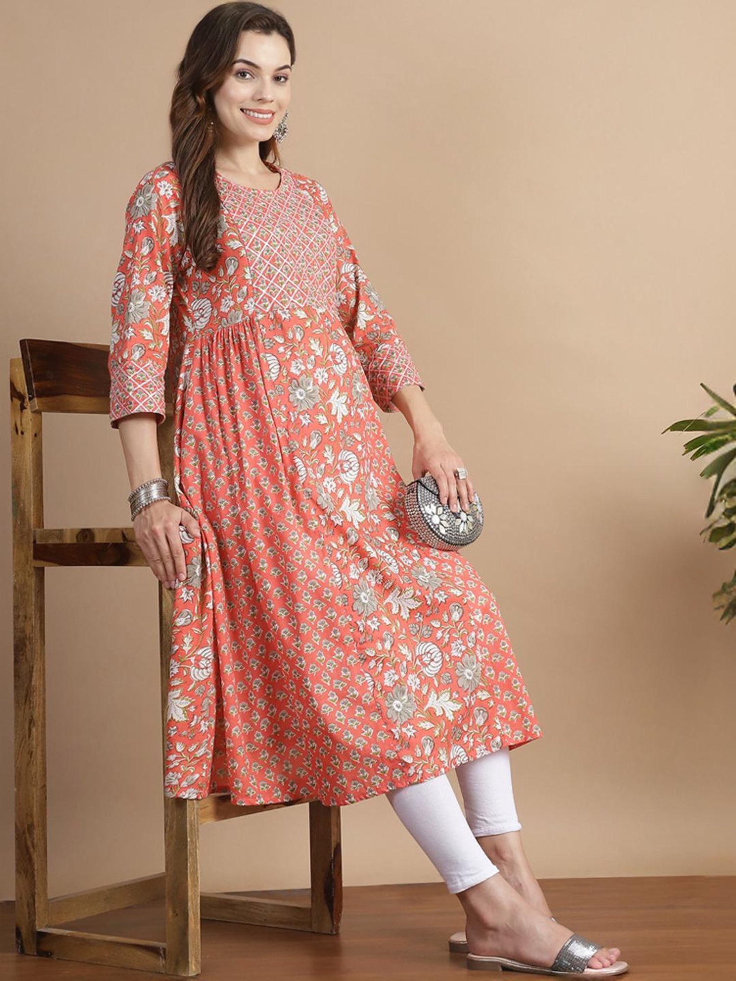 Secret Wish Peach Cotton Floral Print Maternity Kurta