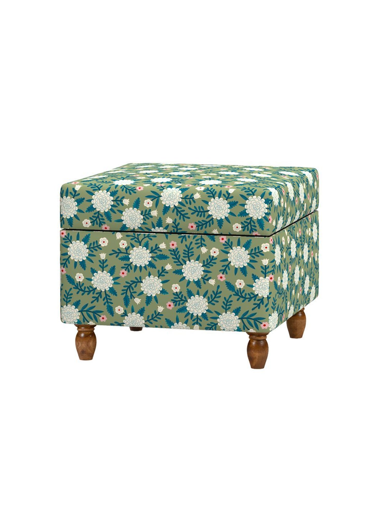 Chumbak Spring Marigold Floral Green Mango Wood Modern Trunk Storage Ottoman