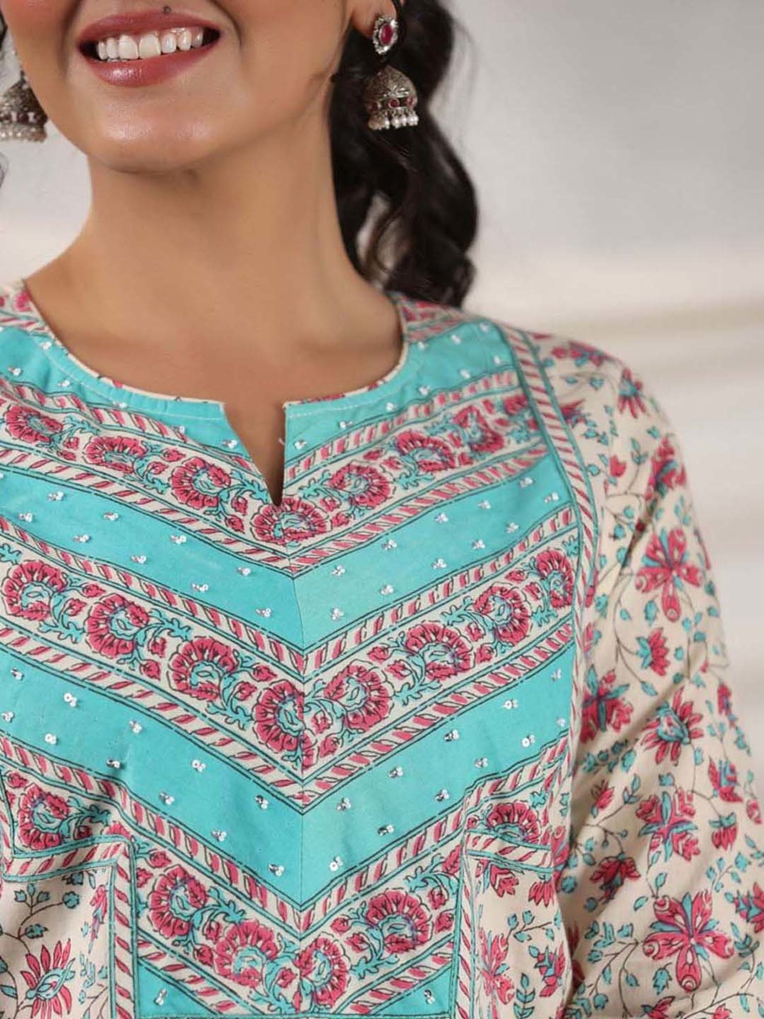 Rain and Rainbow Cream Cotton Floral Print Kurta Pant Set