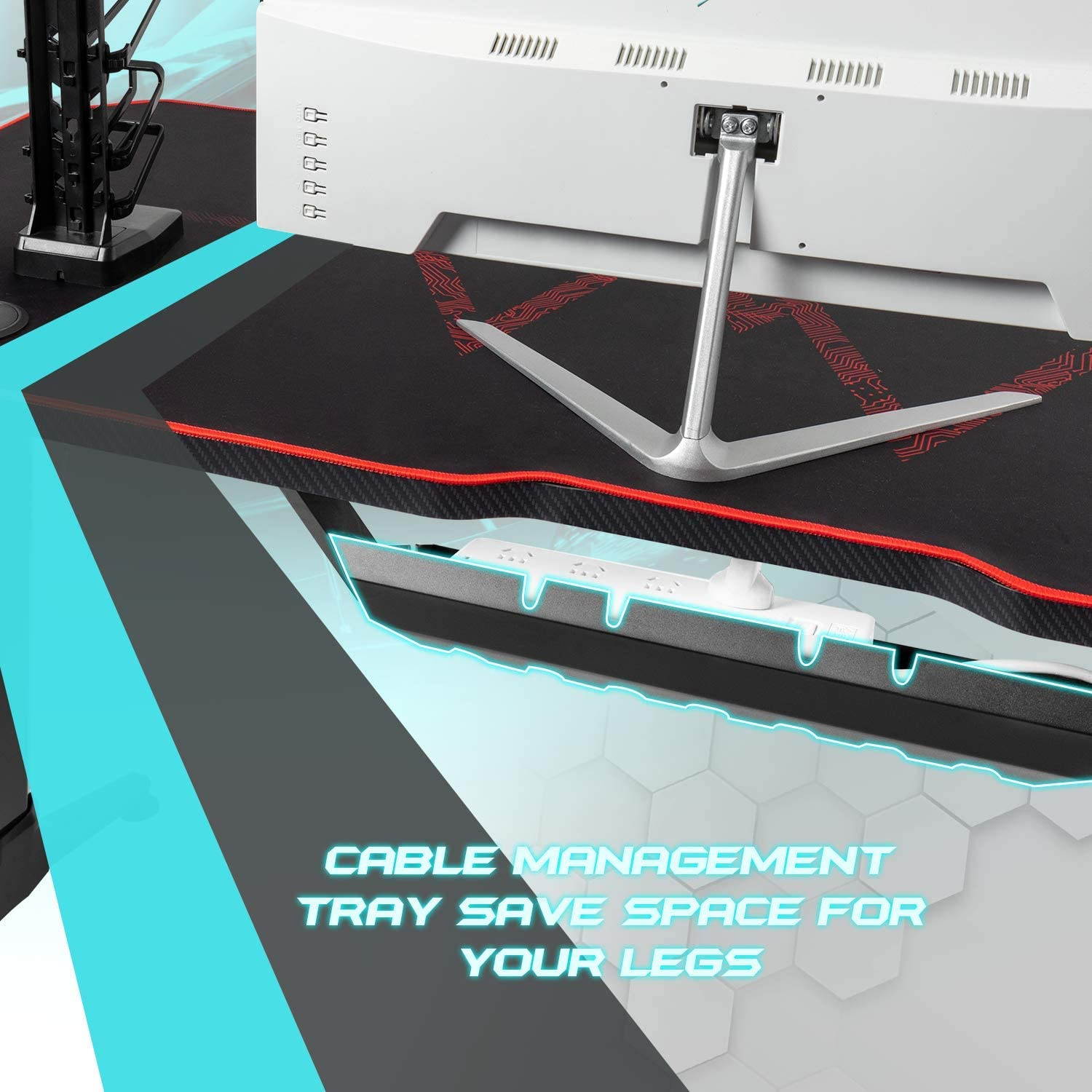 Furmax 43 Inch Gaming Desk Racing Style PC Computer Desk Y-shaped Home Office with Desk Large Carbon Fiber Desktop, Cup Holder, Headphone Hook, Full Mouse Pad, and Gaming Handle Rack (Black)