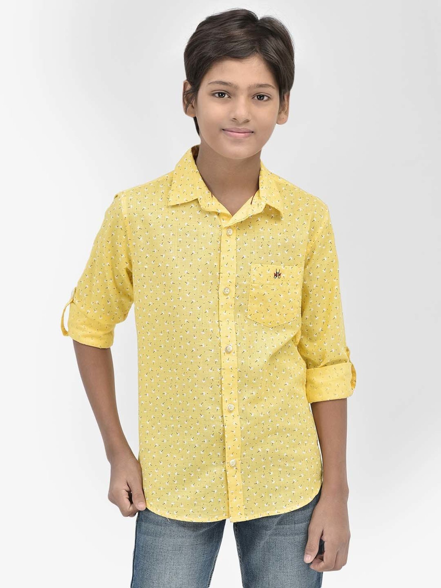Crimsoune Club Kids Yellow Cotton Floral Print Full Sleeves Shirt