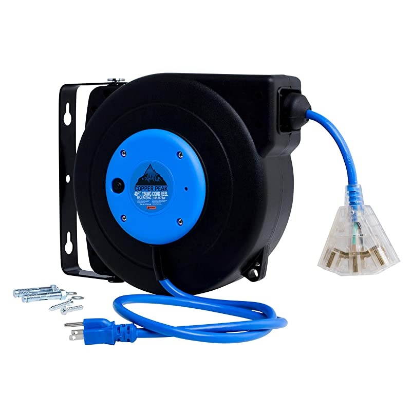 40 Foot Retractable Extension Cord Reel Ceiling or Wall Mount 12 Gauge Blue and Black