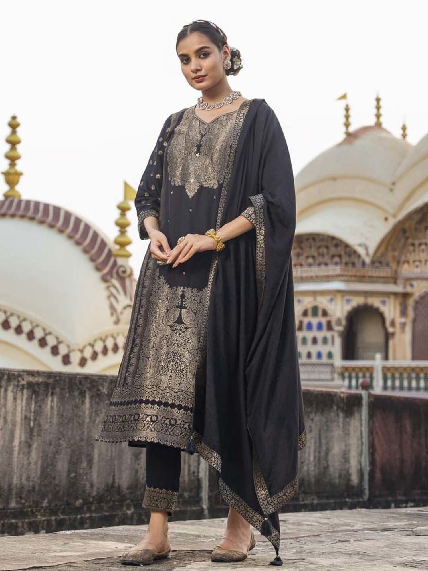 SCAKHI Black Embroidered Kurta Pant Set With Dupatta