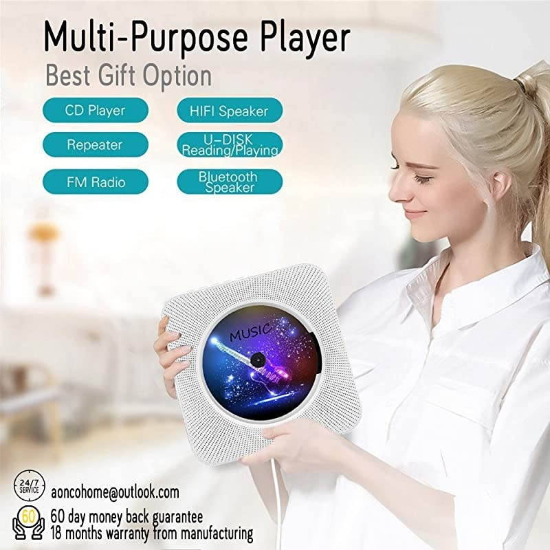 Portable CD Player Bluetooth Wall Mountable CD Music Player Home Audio Boombox with Remote Control FM Radio Builtin HiFi Speakers MP3 Headphone Jack AUX Input Output White