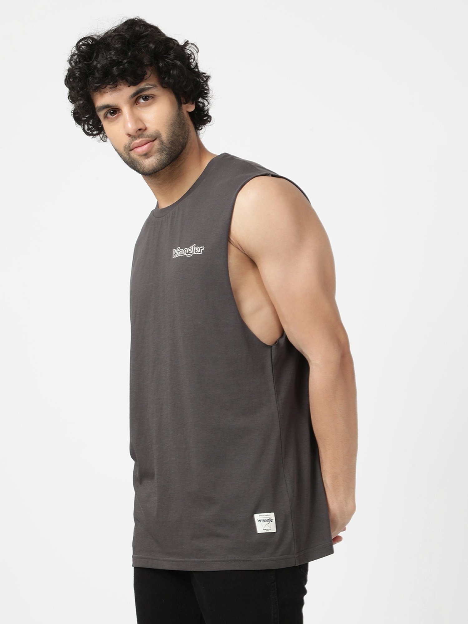 Wrangler Grey Cotton Regular Fit Printed Tank Tee