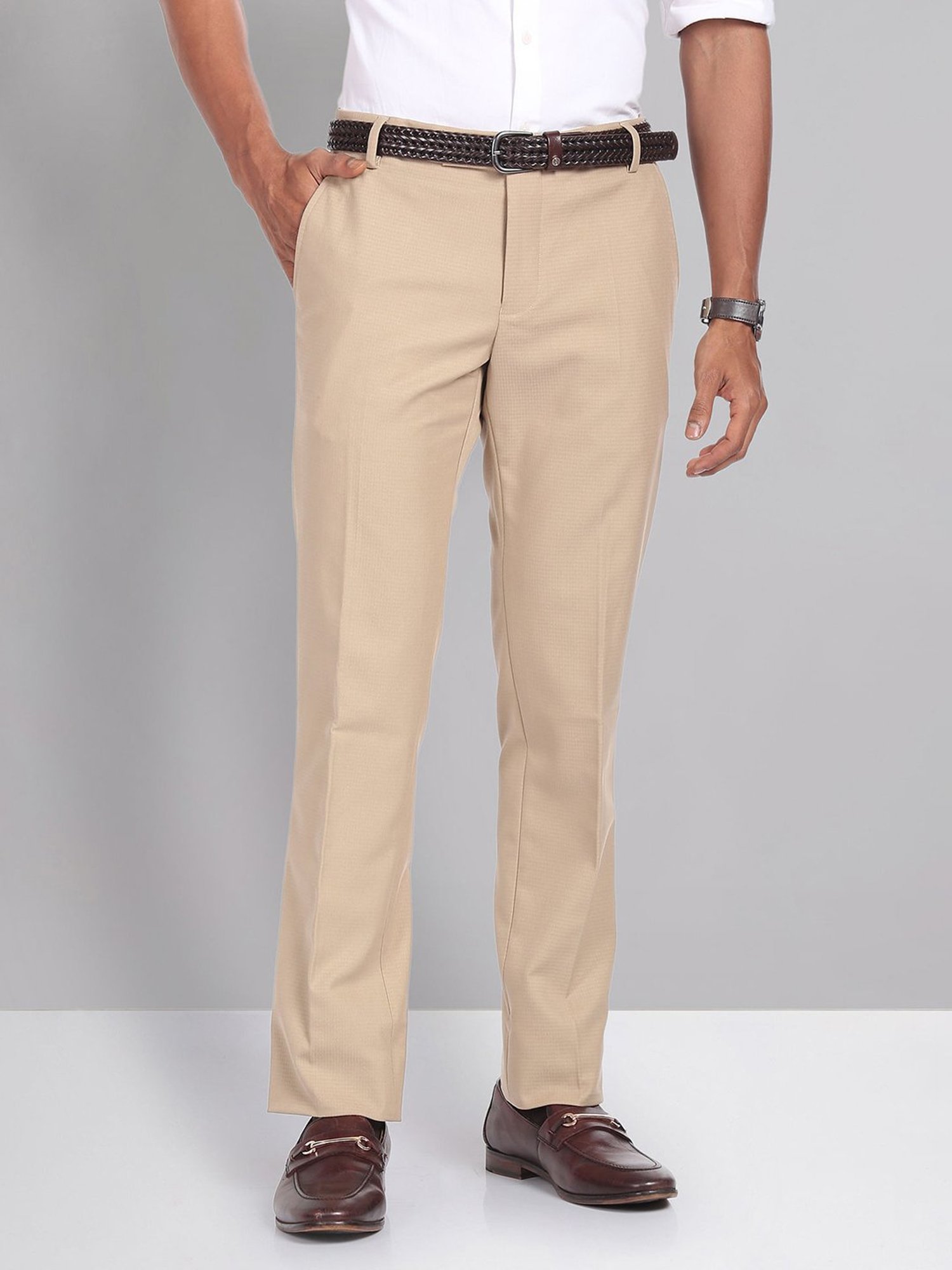 AD by Arvind Khaki Slim Fit Flat Front Trousers