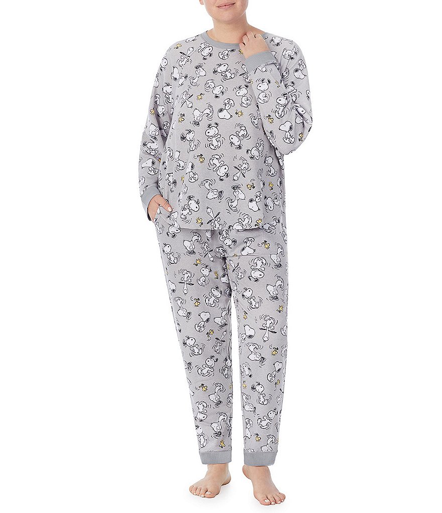 Peanuts Plus Snoopy & Woodstock Printed French Terry Crew Neck Long Sleeve Sleep Top