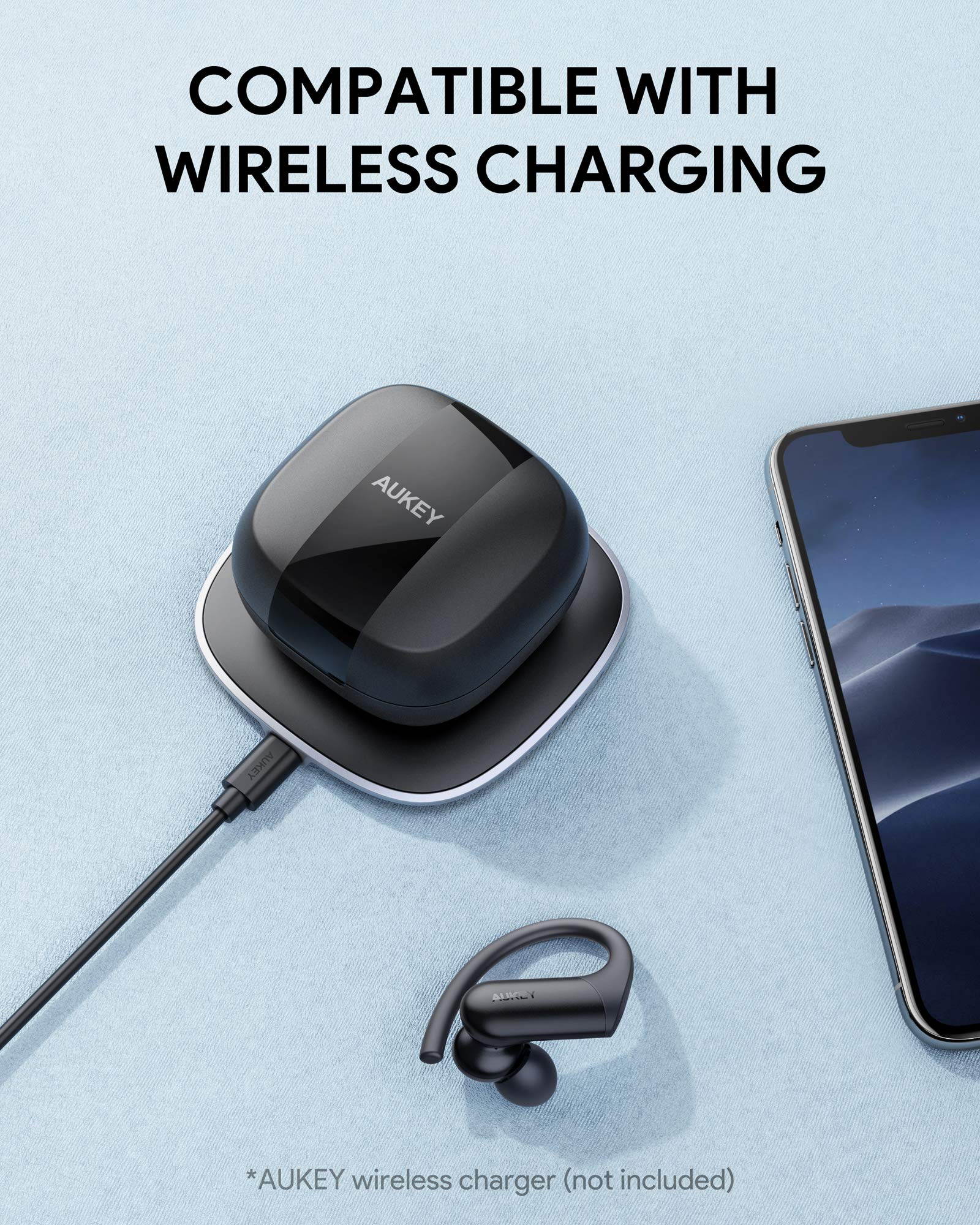 AUKEY True Wireless Earbuds Sports, Bluetooth Earbuds with Earhooks, Wireless & USB-C Charging, in-Ear Detection, aptX HiFi Sound & CVC 8.0 Mics, IPX8 Waterproof, 35H Playtime for Running, Workouts