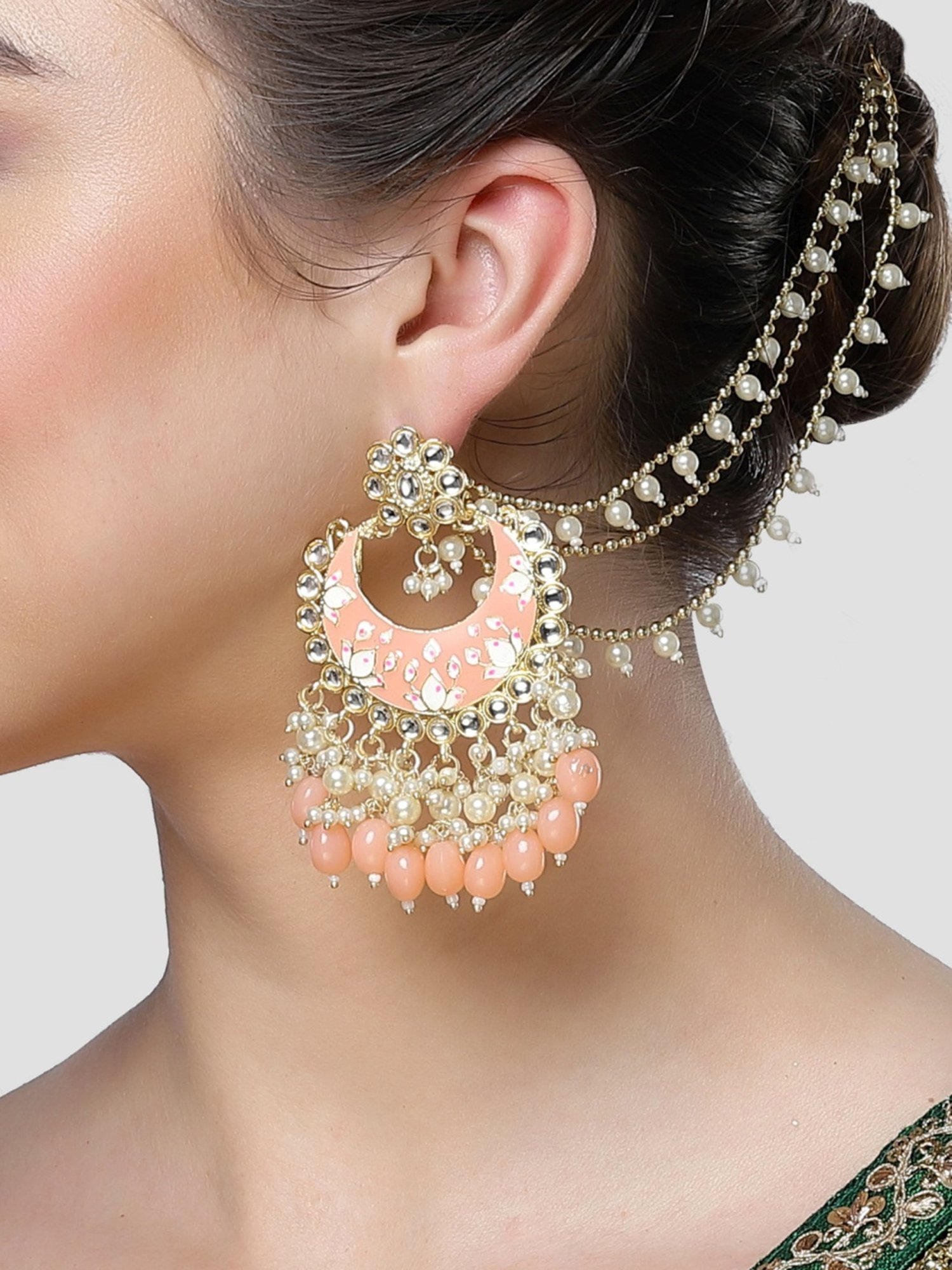 Karatcart Gold Plated Peach Meena Pearl and Tumble Studded Kundan Kaanchain Earrings for Women