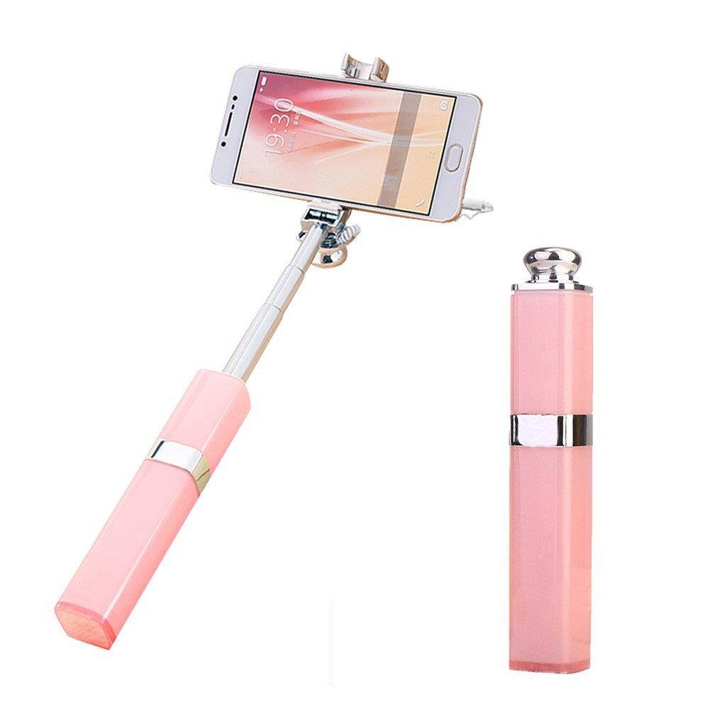 EIGIIS Simple Style Lipstick Modeling Mini Folding Retractable Wire Control Selfie Sticks For Ios Android Phone (Pink)