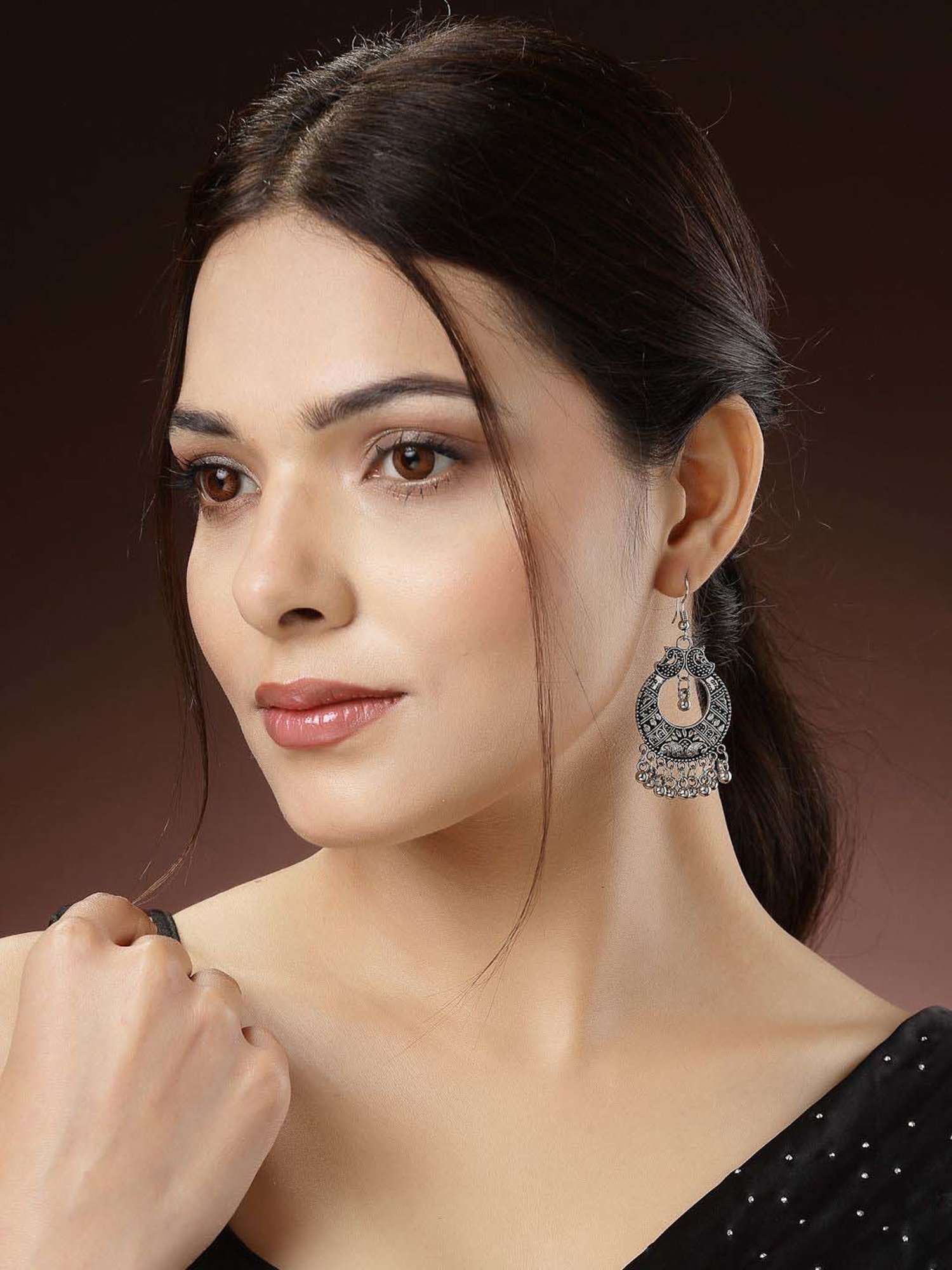 NVR Silver-Plated German Silver Oxidized Chand Bali Earrings for Women