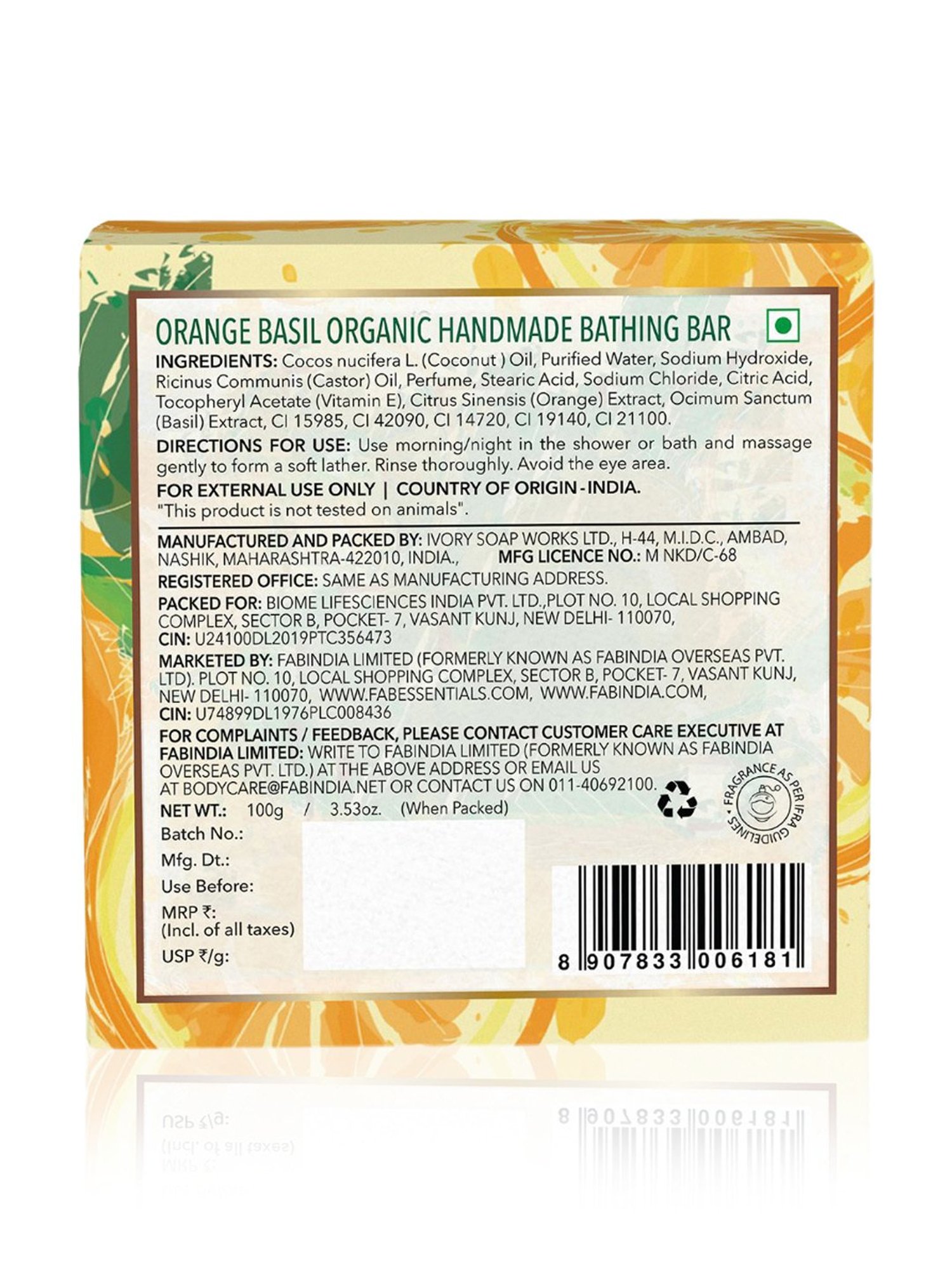 Fabessentials Orange Basil Organic Handmade Bathing Bar - 100 gm