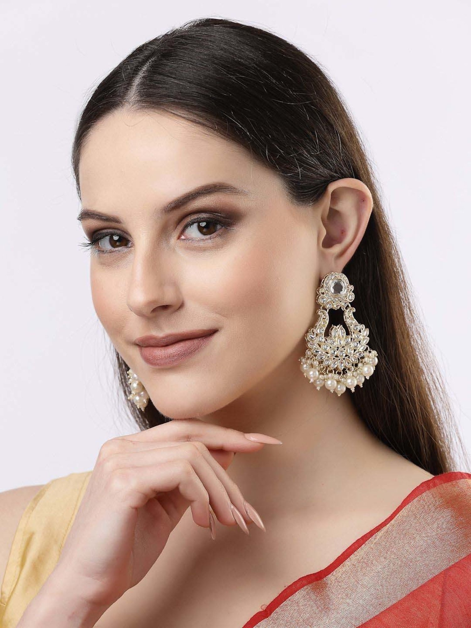 NVR Gold-Plated Kundan Chand Bali Earrings for Women