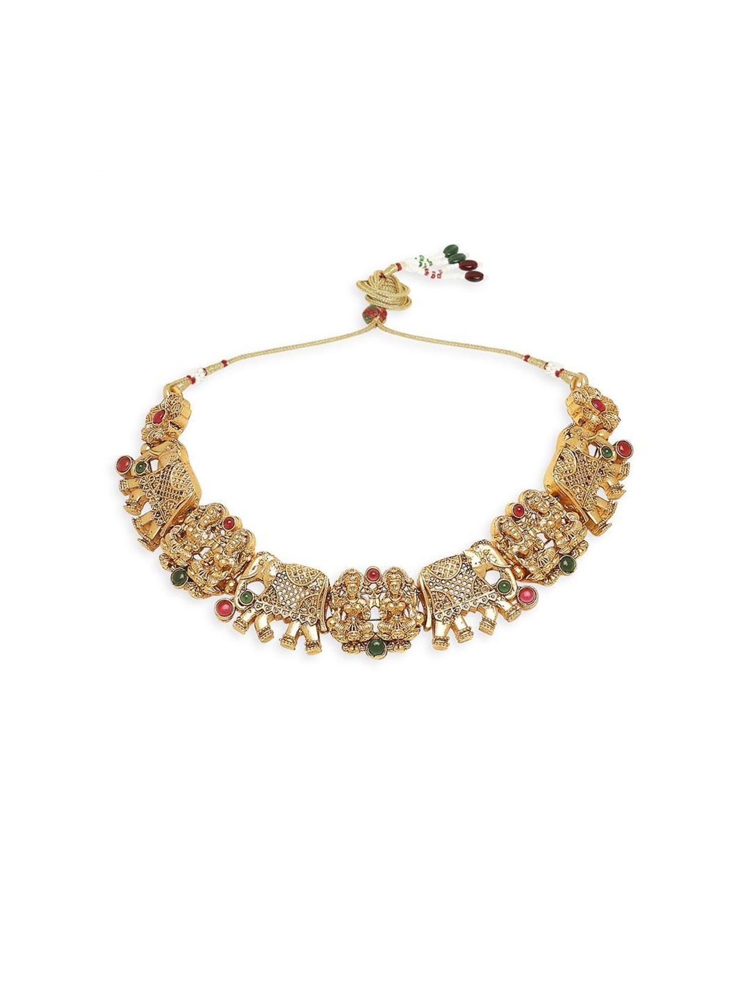OOMPH Antique Gold Tone Red & Green Stones Elephant Choker Necklace Set for Women