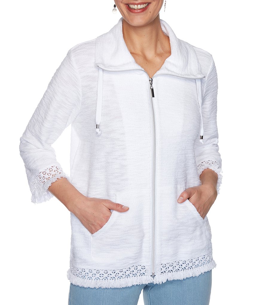 Ruby Rd. Petite Size Textured Solid Slub Knit Fringe Trim 3/4 Sleeve Zip Front Jacket