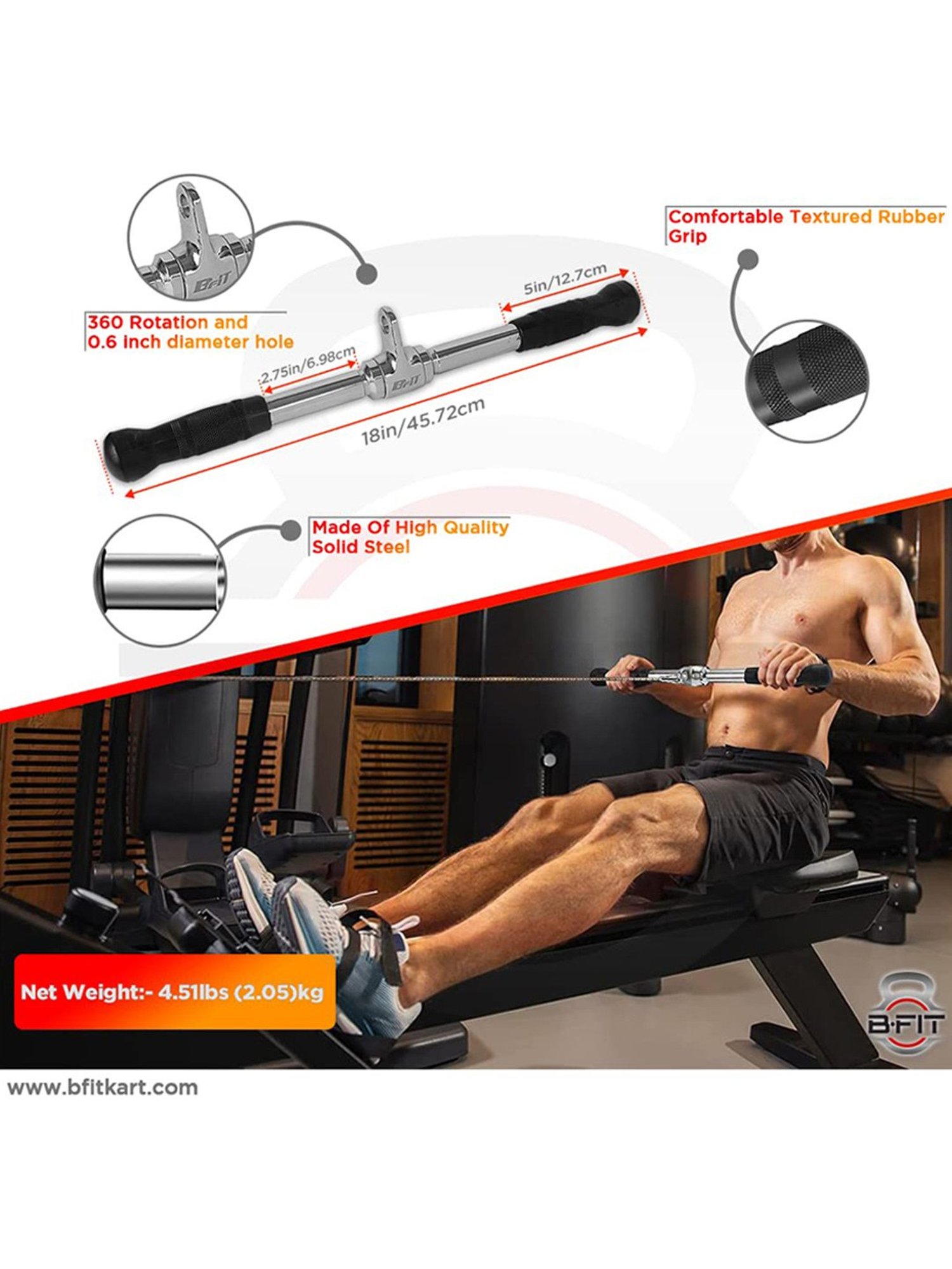 B Fit Gym Machine Cable attachments 18" Solid PRO-Grip LAT BAR (Silver)