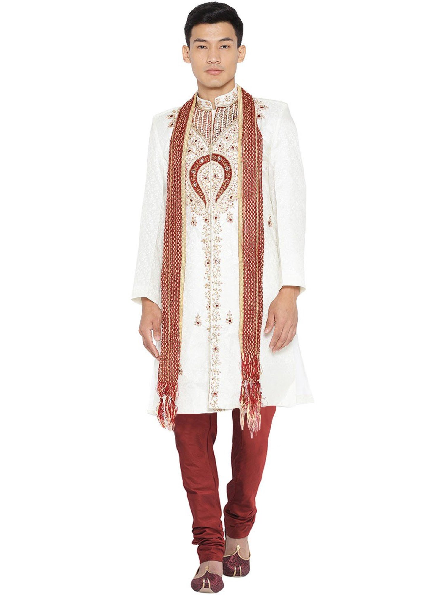 SG LEMAN Cream Regular Fit Embellished Sherwani Set