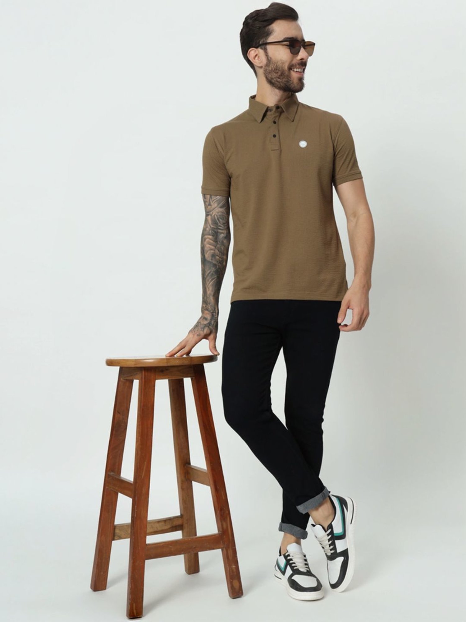 Tab91 Brown Regular Fit Self Pattern Polo T-Shirts