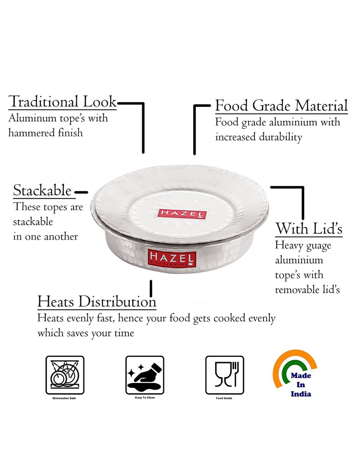 HAZEL Silver Aluminium Patila With Lid - Set of 5