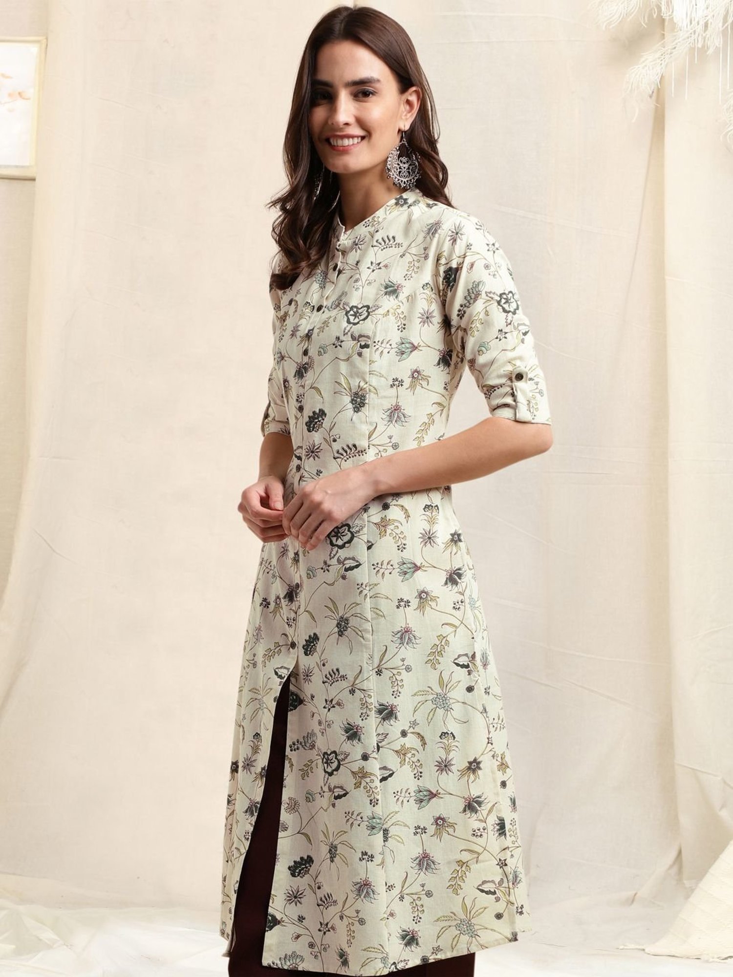 MIRCHI FASHION Beige Cotton Floral Print Straight Kurta