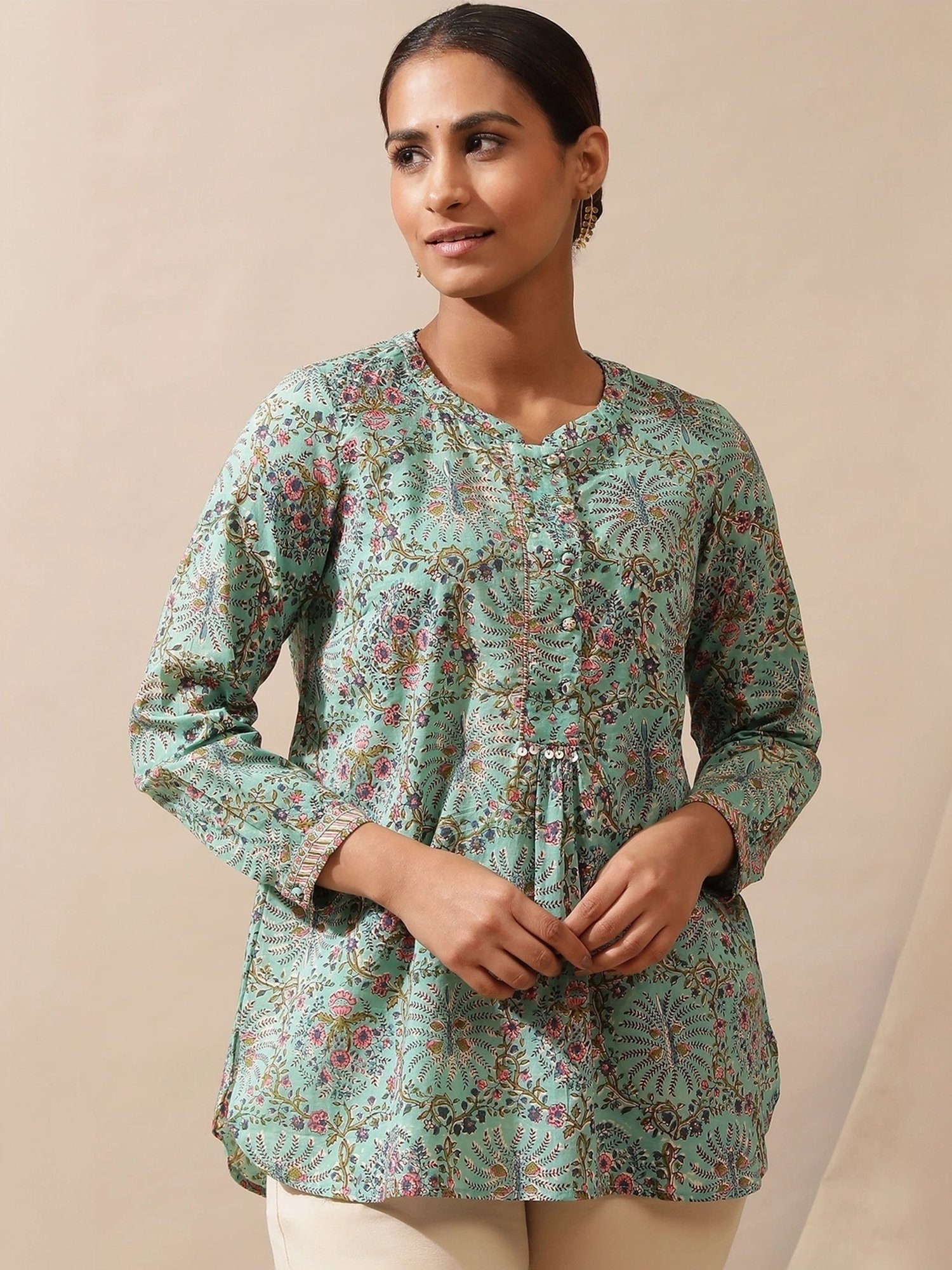 Folksong by W Mist Green Cotton Printed Top