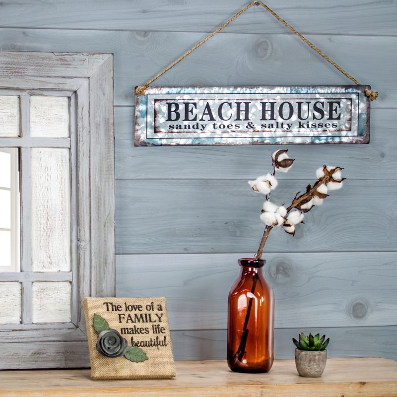 11" x 20" Beach House Galvanized Metal Vintage Hanging Wall Sign with Rope - American Art Decor