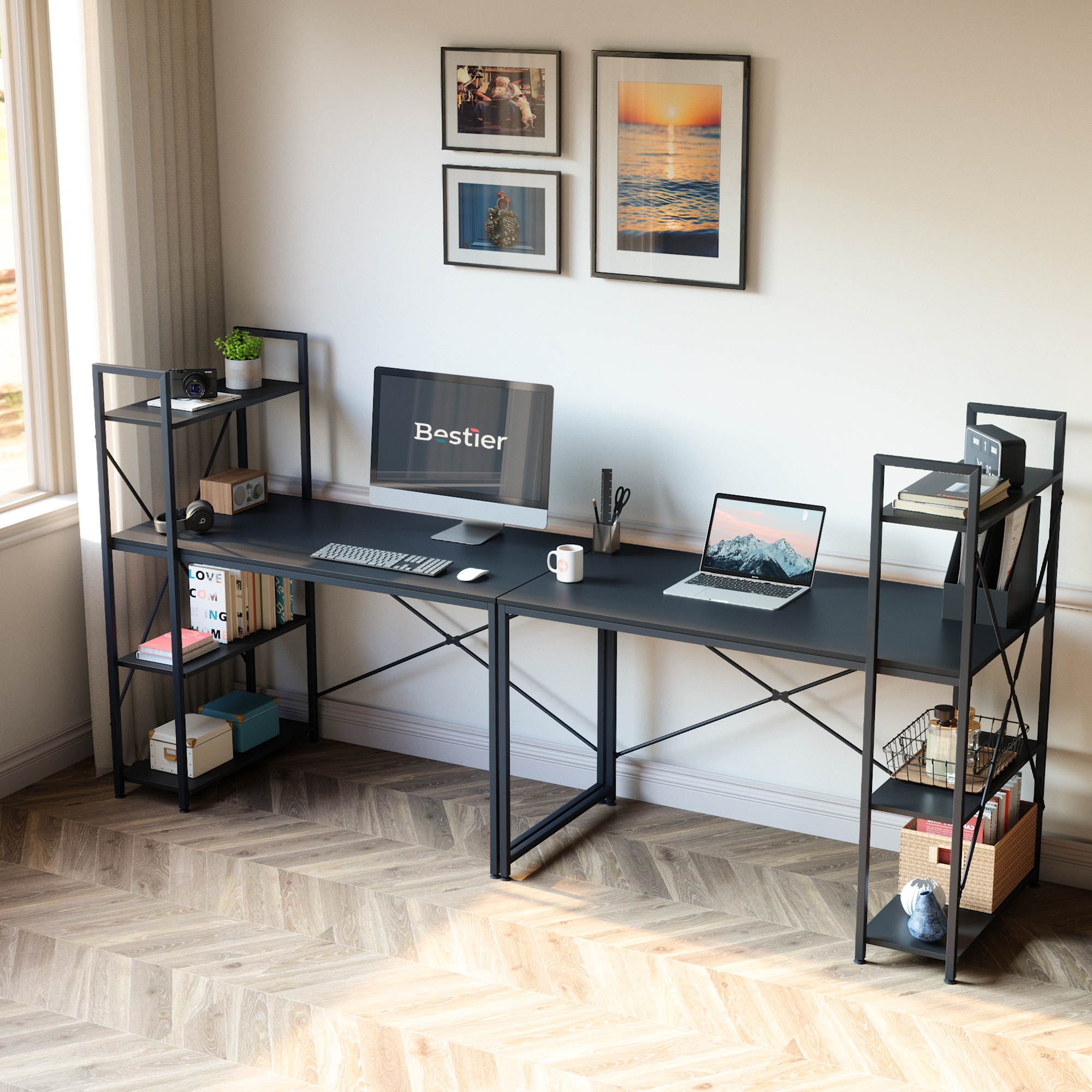 Bestier 63 Inch Computer Desk with Storage Shelves, Modern Bookshelf Desk with Headphone Hook Large Workstation Writing Desk with Reversible Bookshelves Home Office Work Table Study Desk Grey