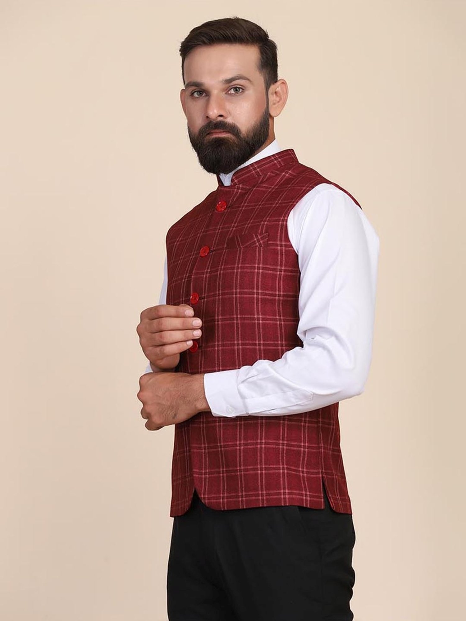 TAHVO Red Slim Fit Checks Nehru Jacket