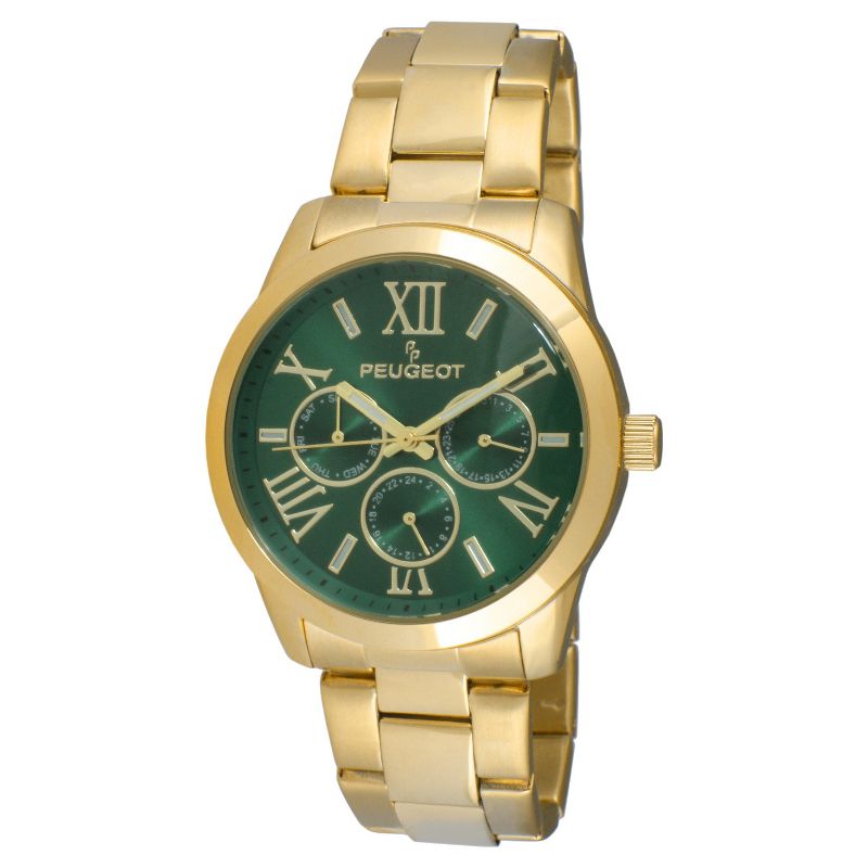 Women's Peugeot Round Stainless Steel Multifunction Bracelet Watch - Gold and Green