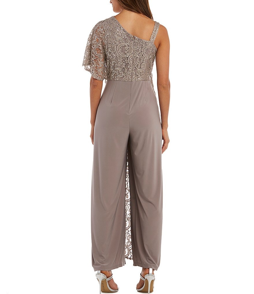 R & M Richards Embroidered Sequin One Shoulder Jumpsuit