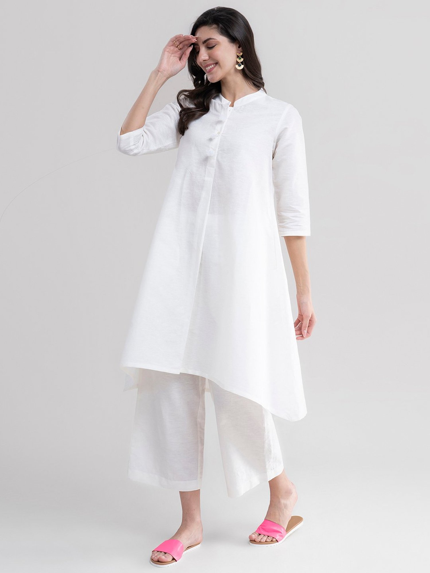 Pink Fort White Cotton A Line Kurta