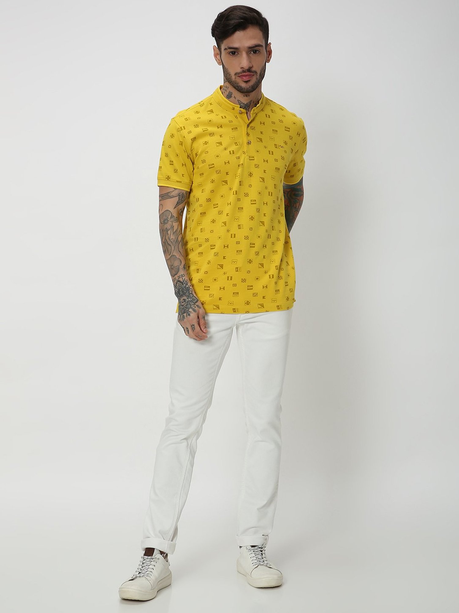 Mufti Yellow Slim Fit Printed Mandarin Collar Cotton T-Shirt