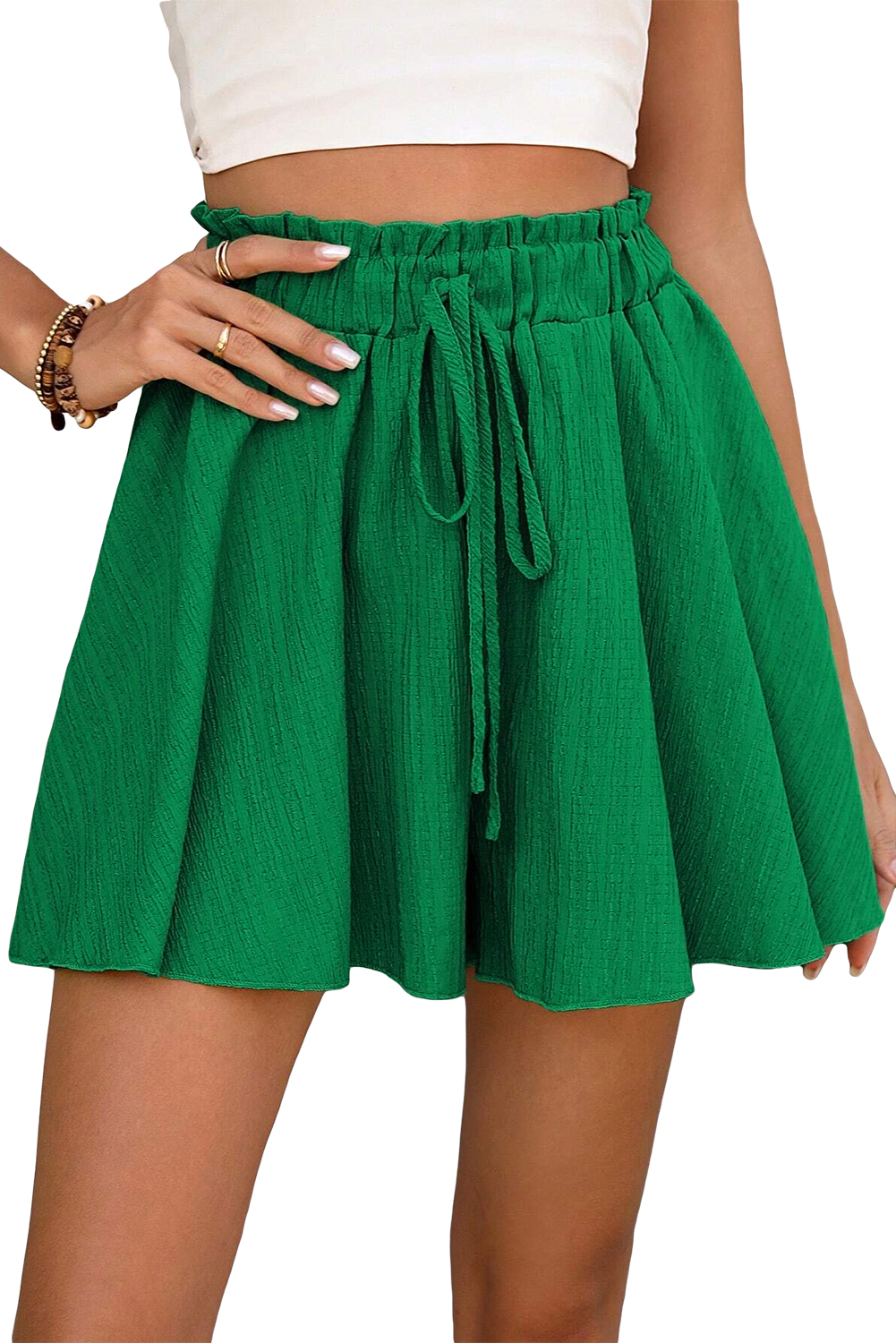 Dark Green Textured Frill High Waist Ruffle Wide Leg Shorts