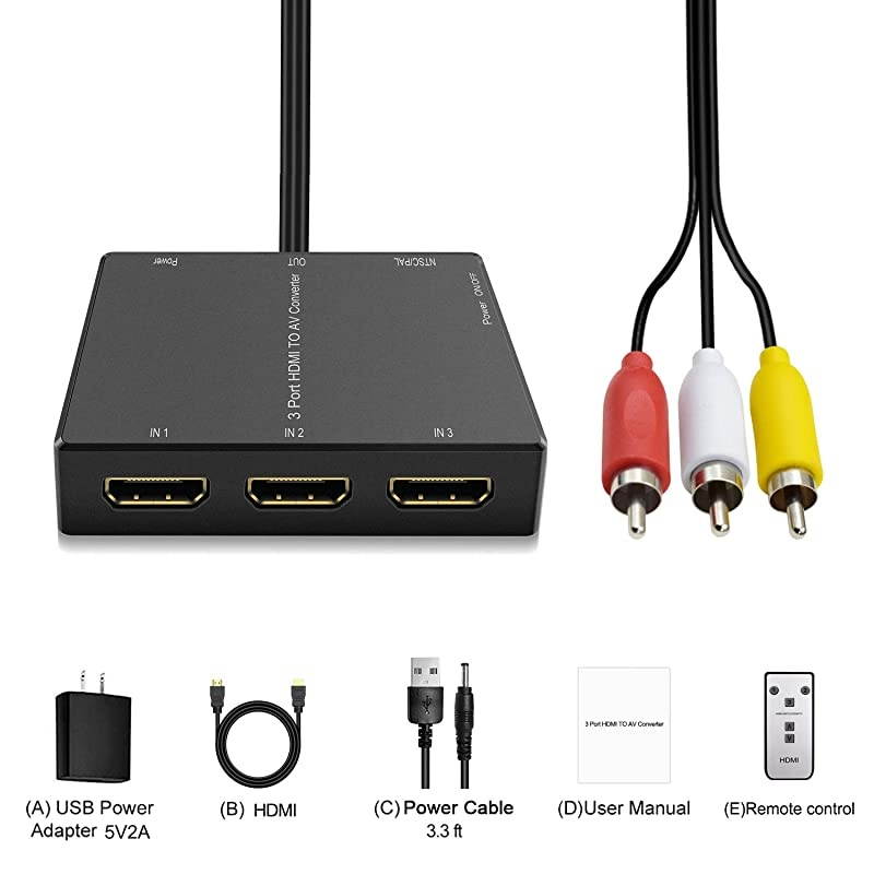 Port HDMI to AV Converter HDMI Converter to RCA HDMI Video Audio Adapter to AV Converter for PSblu ray Player Sky HD Box Port HDMI to RCA Converter