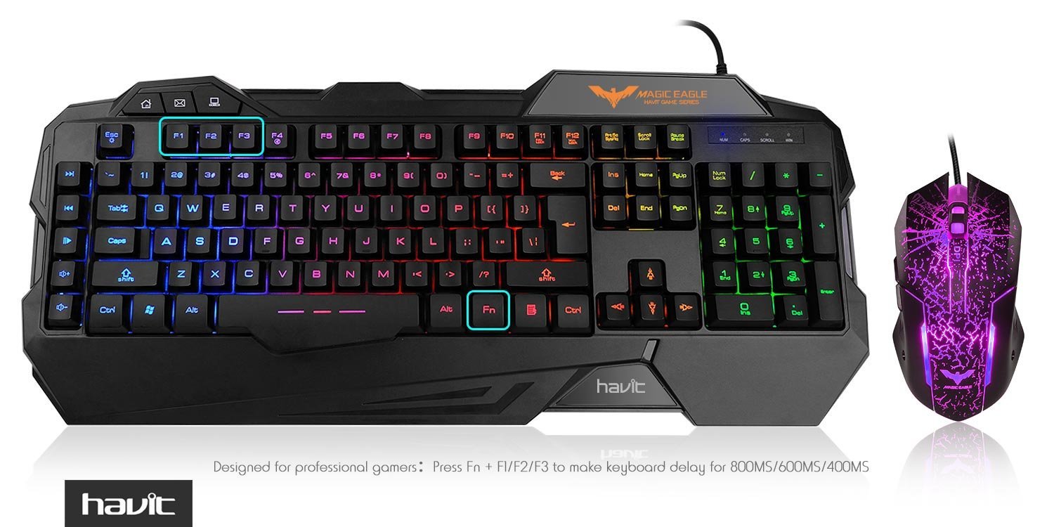HAVIT Rainbow Backlit Wired Gaming Keyboard Mouse Combo