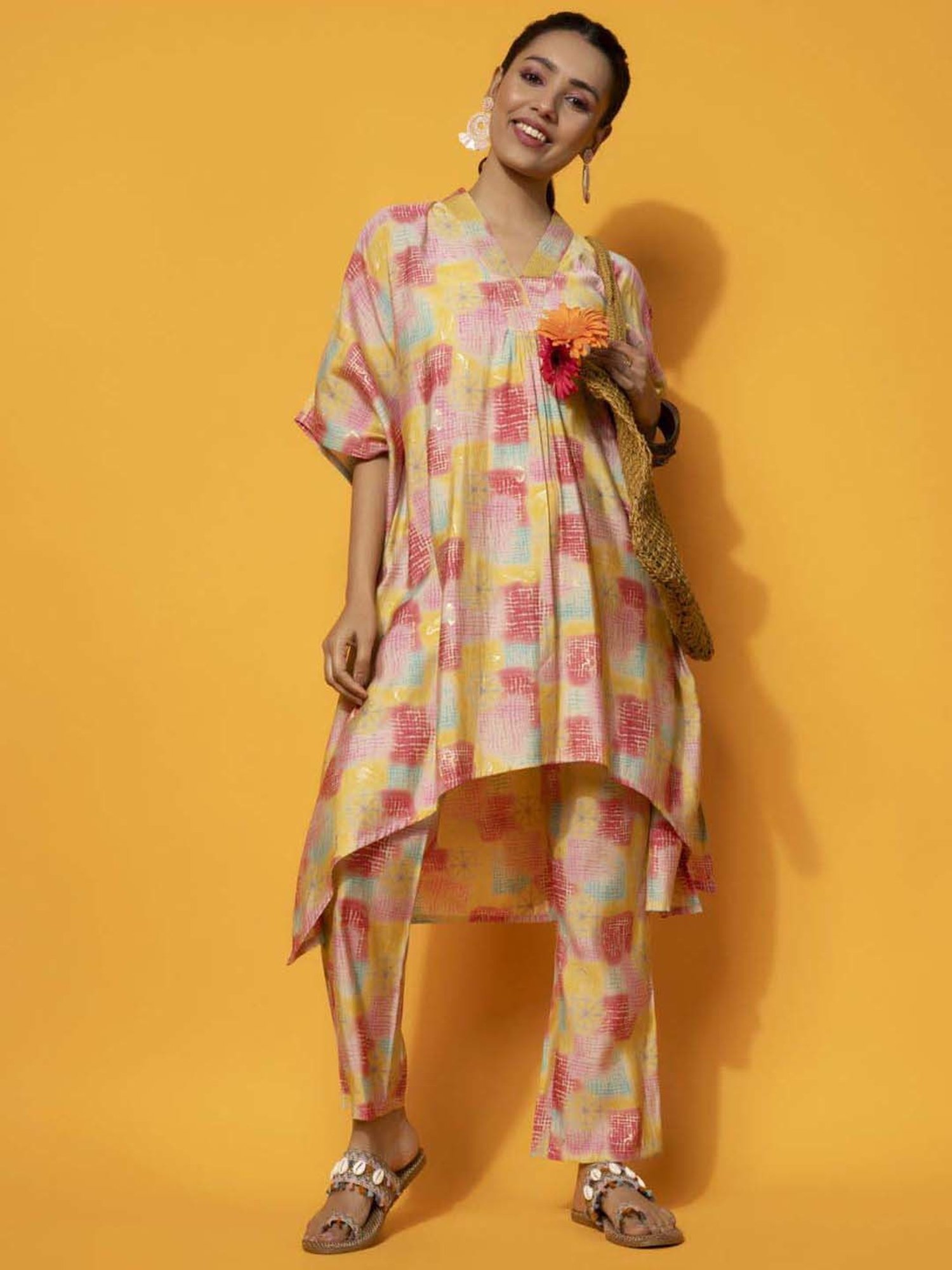 Libas Yellow Printed Silk Blend Co-Ords