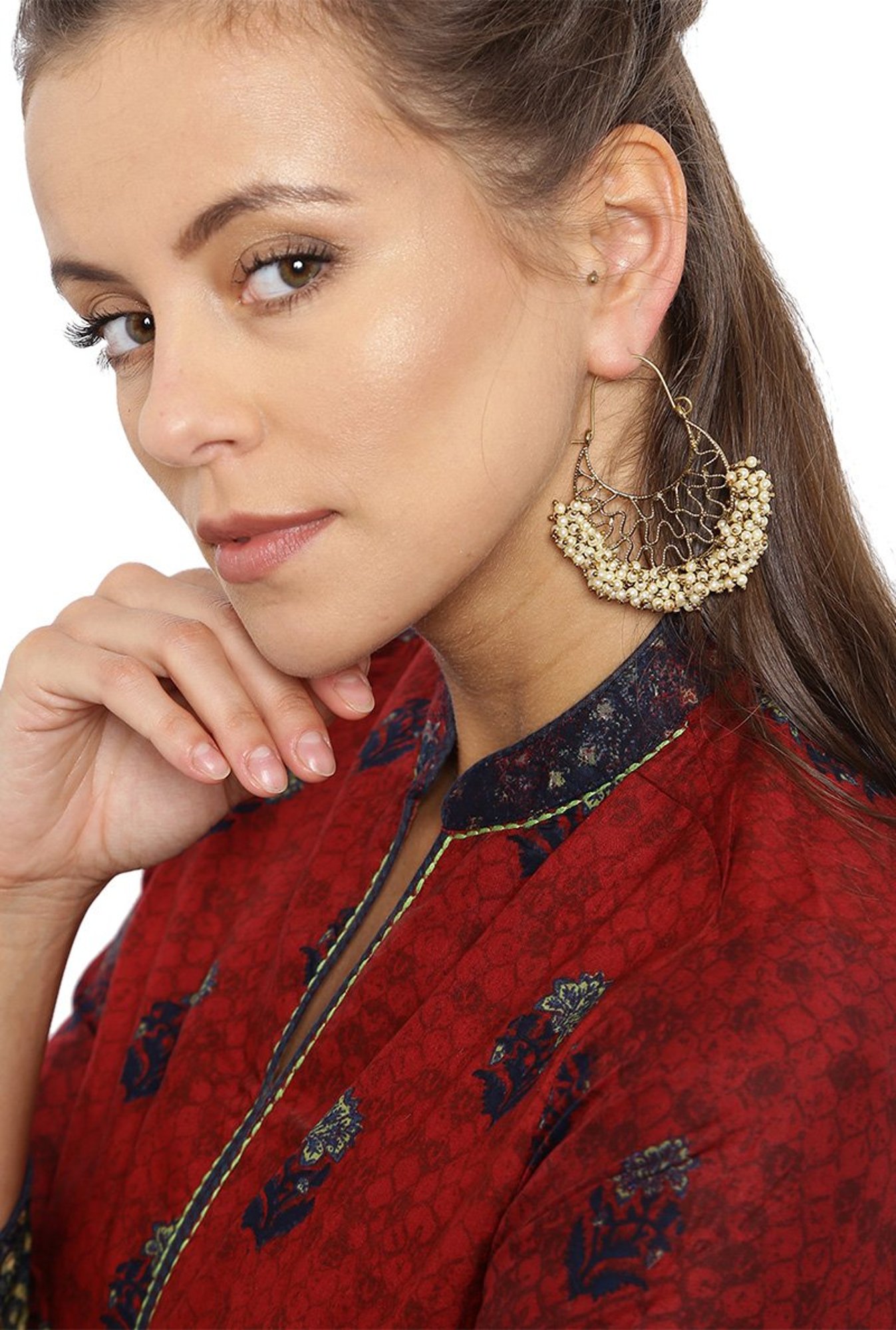 Fida Golden Alloy Pearly Filigree Chand Bali Earrings