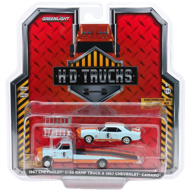 1967 Chevrolet C-30 Ramp Truck and 1967 Chevrolet Camaro #6 "Gulf Oil" Light Blue and Orange "H.D. Trucks" 1/64 Diecast Model Cars by Greenlight