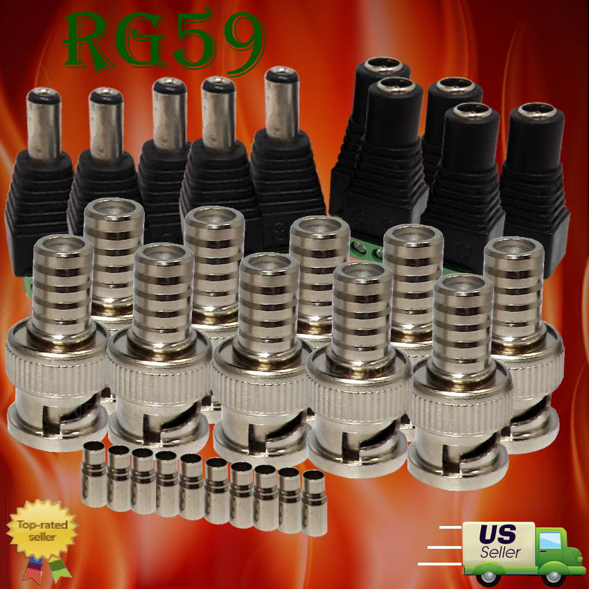 WennoW 5 Pcs 2.1x5.5mm Male Jack +Female Power Adapter + 10 Pcs BNC CRIMP RG59 Connect