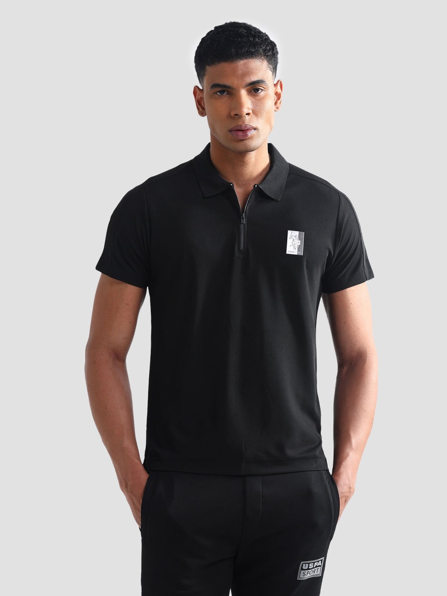 USPA Active Black Slim Fit Texture Sports Polo