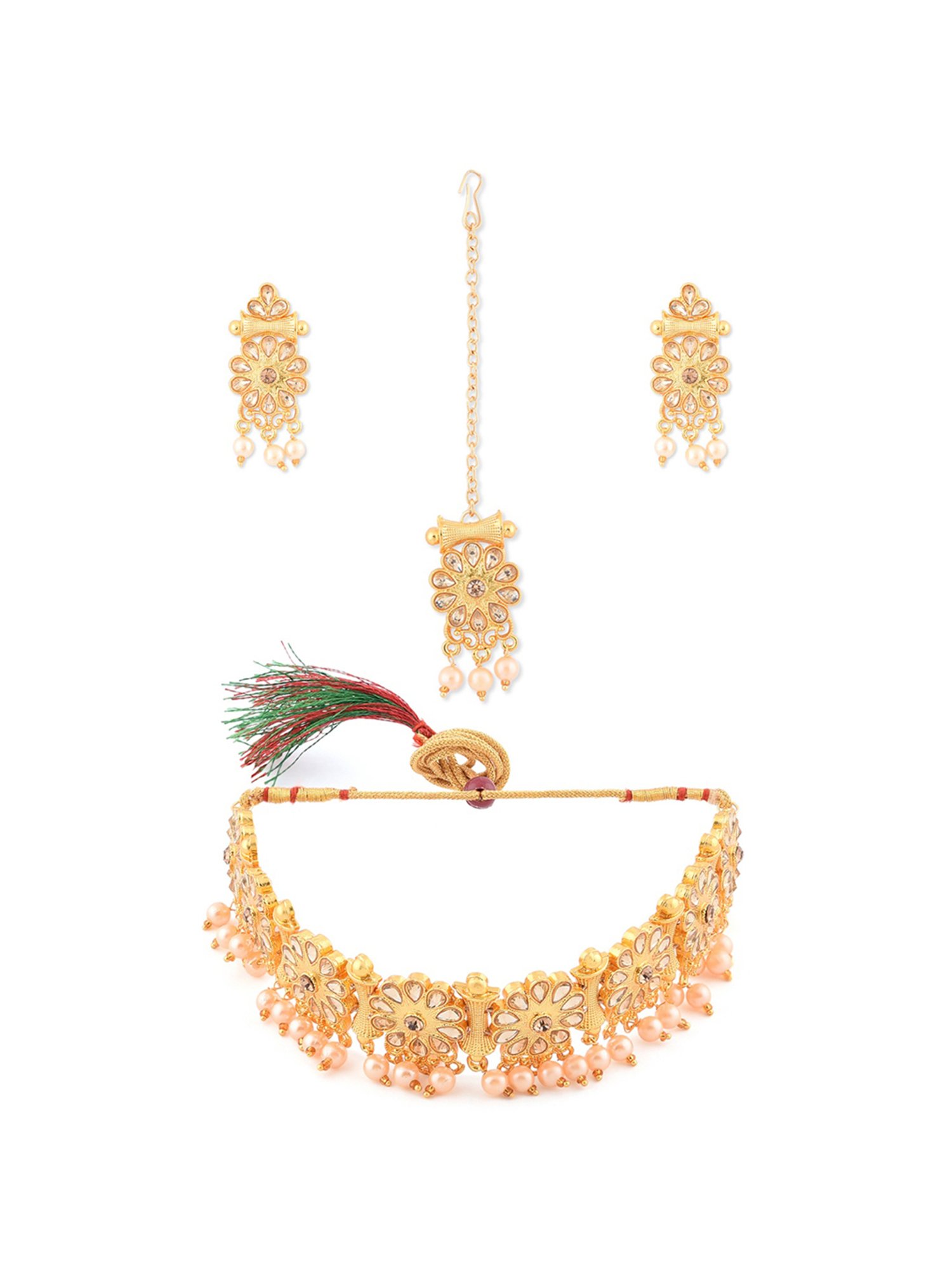 Zaveri Pearls Gold Tone Flowers & Pearls Choker Necklace, Earring & Maangtikka Set-ZPFK9845
