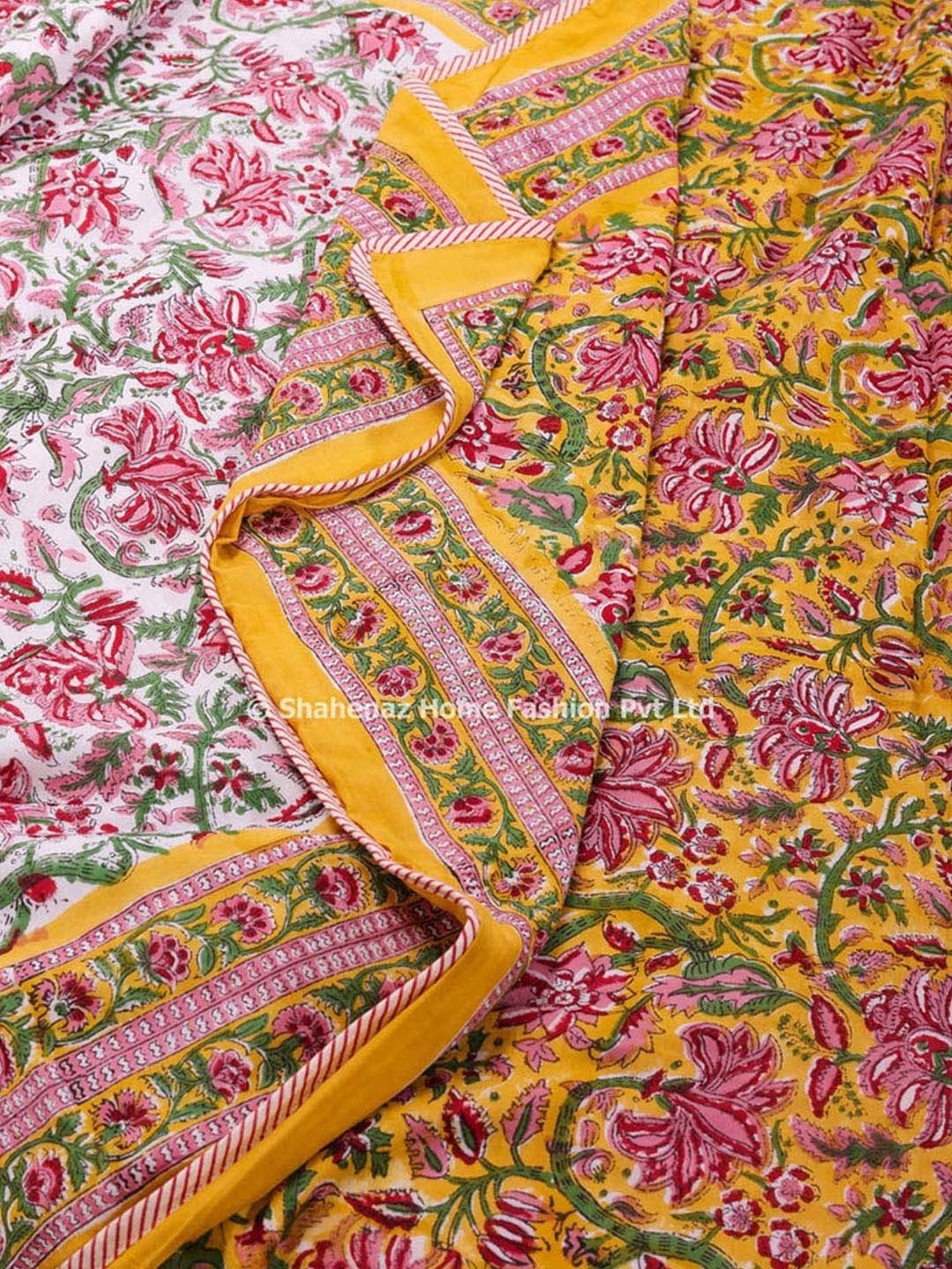 Shahenaz Gayatri Floral Mustard Green Cotton Single Reversible Dohar