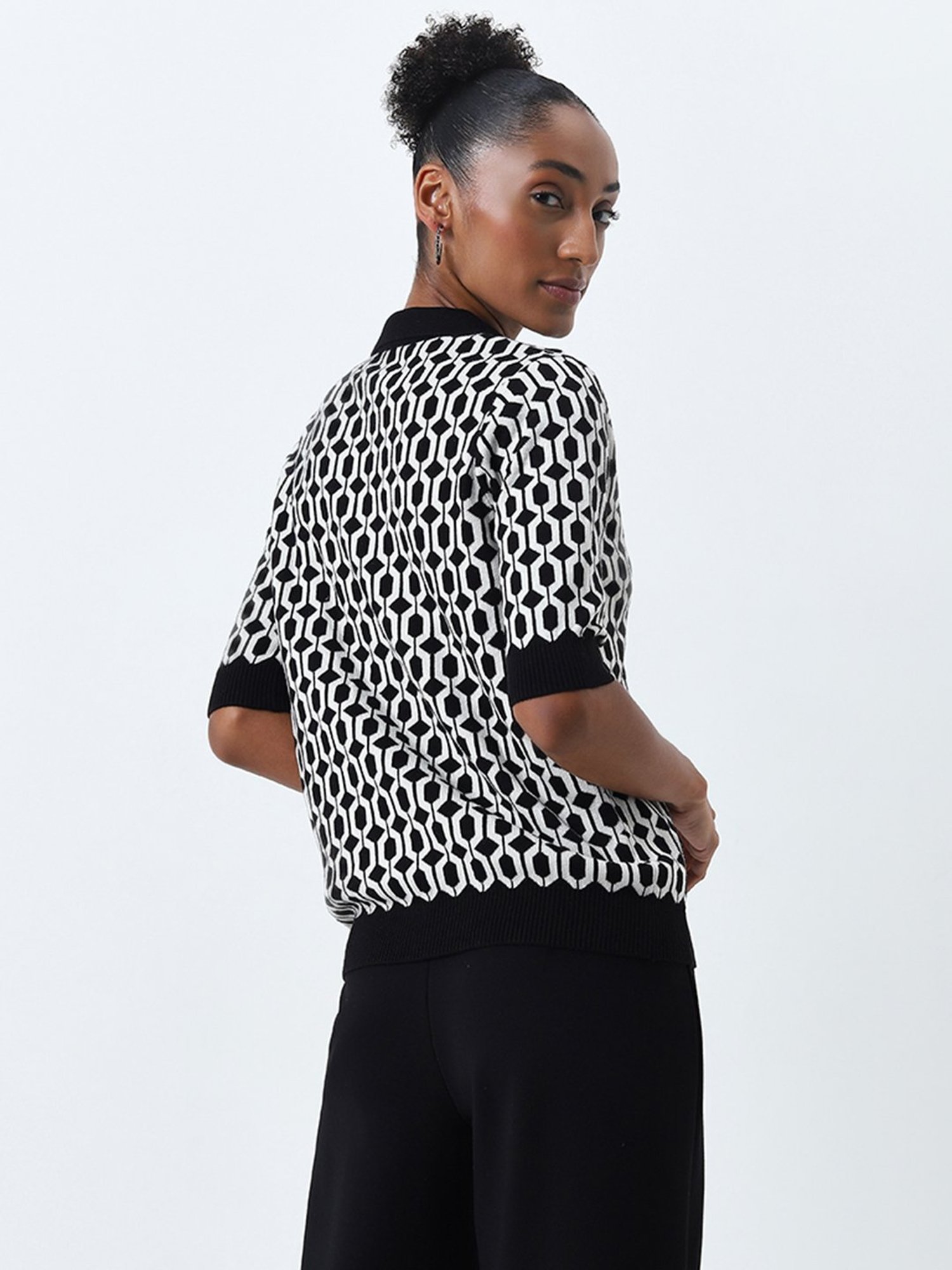 Wardrobe by Westside Black Geometric Printed Knitted Cotton Top