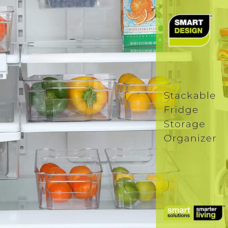 Stackable Refrigerator Bin 6 x 12 Inch wHandle BPA Free Polyethylene for Fridge Freezer Pantry Organization Kitchen Clear Set of 4