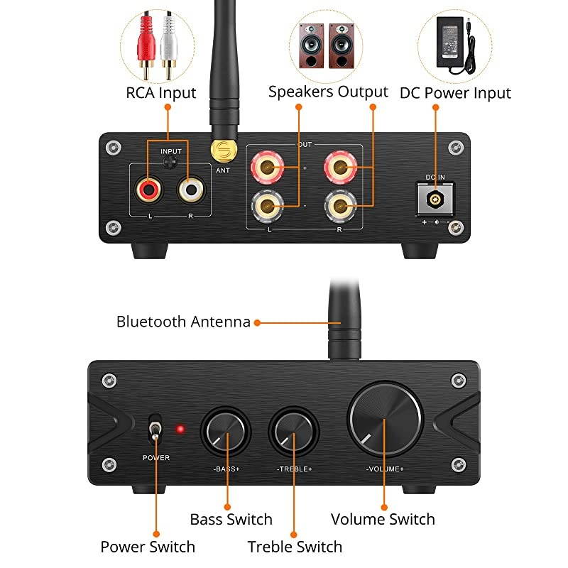 Bluetooth 50 Stereo Audio 2 Channel Amplifier Receiver Mini HiFi Class D Integrated Amp 20CH for Home Speakers 100W x 2 with Bass and Treble Control