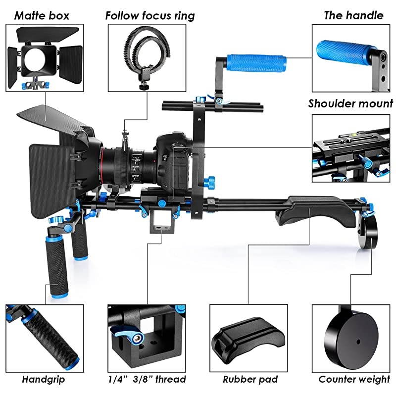 Film Movie Video Making System Kit for Canon Nikon Sony and Other DSLR Cameras Video Camcorders includes Cshaped BracketHandle Grip15mm RodMatte BoxFollow FocusShoulder Rig Blue+Black
