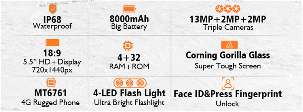 OUKITEL WP5 4G Rugged SmartPhone Quad Core 4GB 32GB 8000mAh Mobile Phone 5.5 Inch Waterproof MT6761 Triple Camera Phone